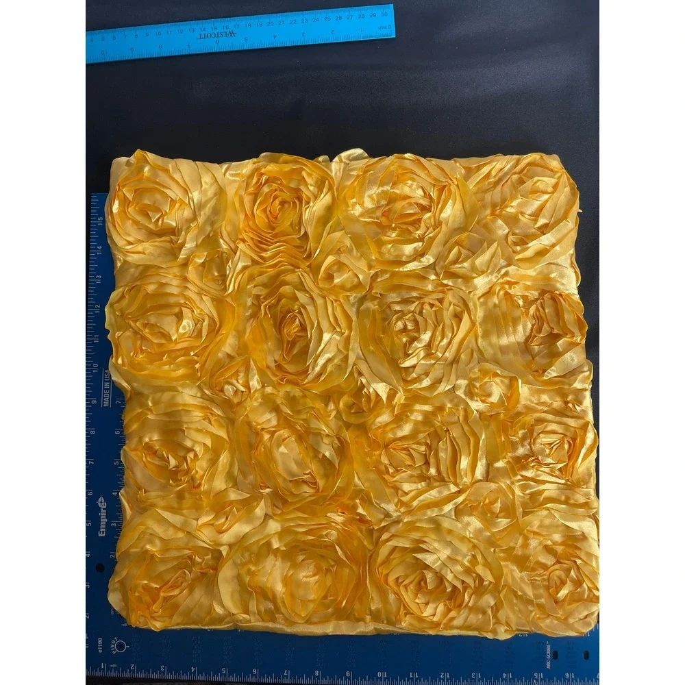 Pair Yellow Satin 3D Rosette Throw‎ Pillow Cover 16x16 Square Floral Decorative